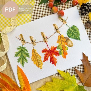 Fall leaves garland Cross Stitch Pattern PDF, Instant Digital Download, Fall Cross Stitch Pattern, Autumn Embroidery Pattern, Leaves on pegs