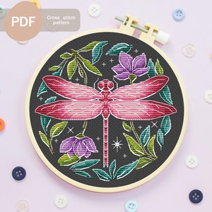 Night Dragonfly Cross Stitch Pattern PDF, Instant Digital Download, Insect Cross Stitch Pattern, Pink Dragonfly Embroidery Pattern