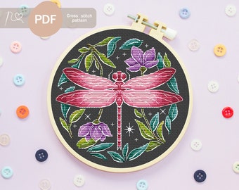 Night Dragonfly Cross Stitch Pattern PDF, Instant Digital Download, Insect Cross Stitch Pattern, Pink Dragonfly Embroidery Pattern