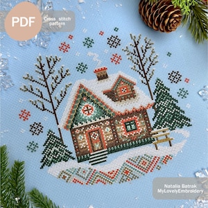 Winter House Cross Stitch Pattern PDF Instant Download - Nordic Cottage Cross Stitch Pattern, Scandinavian primitive Cross stitch pattern