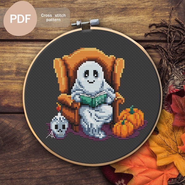 Ghost Reading Cross Stitch Pattern PDF, Téléchargement numérique instantané, Halloween Cross Stitch Pattern, Décor d’Halloween, Ghost With Book Pattern