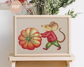 Autumn mouse with pumpkin Cross Stitch PDF Pattern, Instant Digital Download