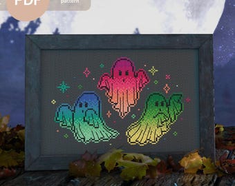Halloween Ghosts Cross Stitch Pattern, Multicolored Design (PDF Download)