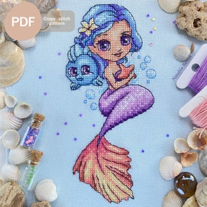 Schema punto croce per sirena in PDF, download digitale immediato, decorazione da parete a forma di sirena, schema ricamo a forma di sirena