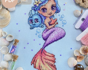 Cute Mermaid Cross Stitch Pattern PDF, Instant Digital Download, Mermaid Wall Decor, Mermaid Embroidery Pattern