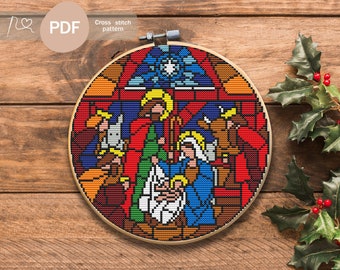 Christmas stained glass Cross Stitch PDF Pattern, Instant Digital Download, Сreche Cross Stitch Chart, Сhristmas decoration