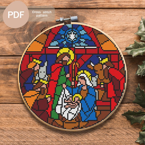 Christmas stained glass Cross Stitch PDF Pattern, Instant Digital Download, Сreche Cross Stitch Chart, Сhristmas decoration