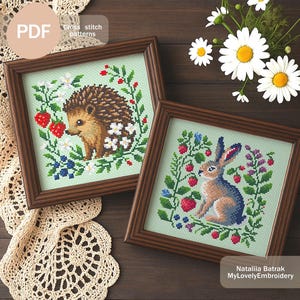 Hedgehog and Bunny Cross Stitch Pattern Set PDF Instant Download, Woodland Animal Cross Stitch Pattern,  Cottagecore  Cross Stitch