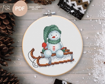 Cute Snowman On A Sled Cross Stitch PDF Pattern, Instant Digital Download, Christmas Cross Stitch Chart, Winter Counted Cross Stitch