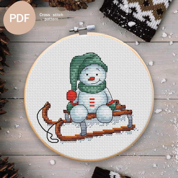 Cute Snowman On A Sled Cross Stitch PDF Pattern, Instant Digital Download, Christmas Cross Stitch Chart, Winter Counted Cross Stitch