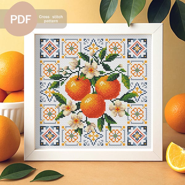 Orange with Mediterranean Tile Cross Stitch Pattern PDF Instant Download – Citrus Fruit Design for Summer Kitchen, Beginner Friendly Chart