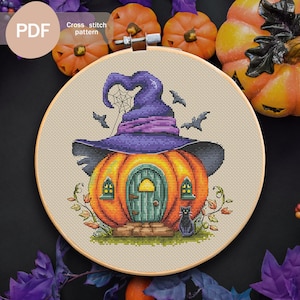 Witch Pumpkin House Cross Stitch Pattern PDF, Instant Digital Download, Halloween House Cross Stitch Pattern, Witch House Embroidery Pattern