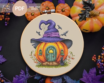 Witch Pumpkin House Cross Stitch Pattern PDF, Instant Digital Download, Halloween House Cross Stitch Pattern, Witch House Embroidery Pattern