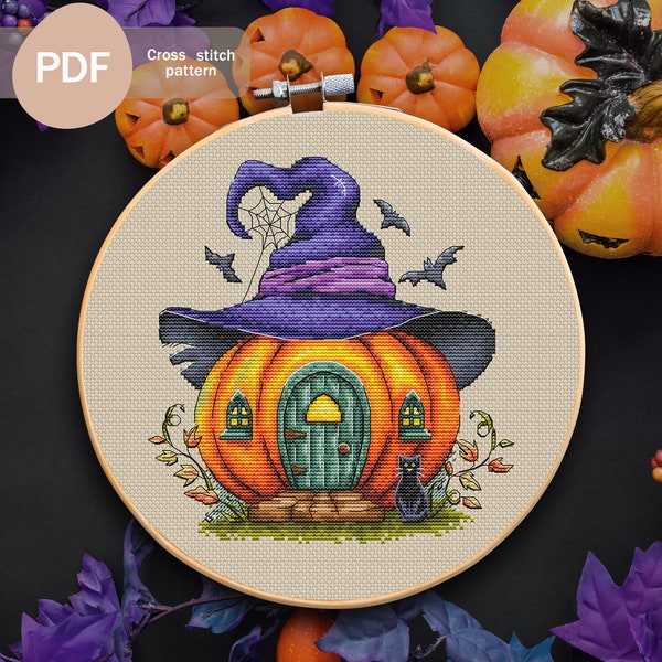 Witch Pumpkin House Cross Stitch Pattern PDF, Instant Digital Download, Halloween House Cross Stitch Pattern, Witch House Embroidery Pattern