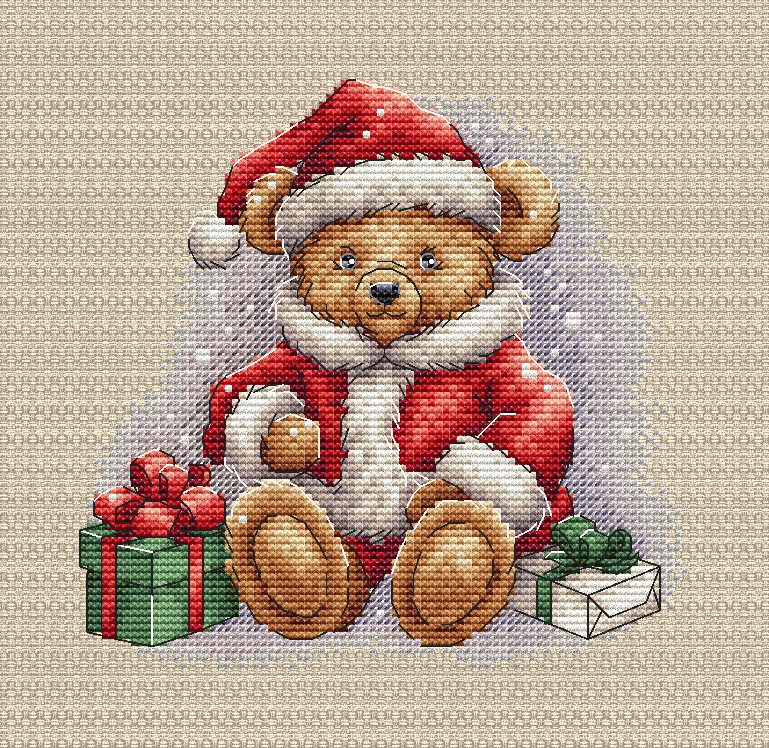 クリスマスベアのクロスステッチパターン：サンタベアのデザイン（PDF
