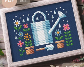 Garten Gießkanne Kreuzstich-Muster: Frühling (PDF Download)