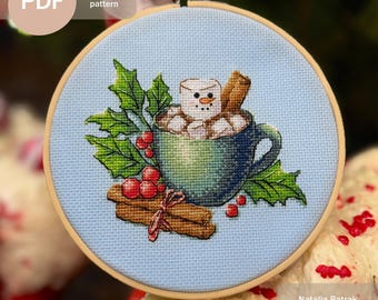 Cocoa Snowman Cross Stitch Pattern: Festive Mug with Holly (PDF Download)
