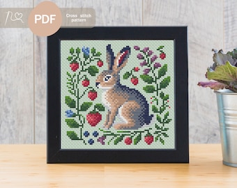 Primitive bunny Cross stitch pattern PDF Instant download, Hare PDF cross stitch pattern, Rabbit sampler Cross stitch pattern