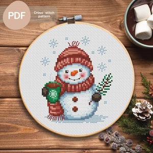 Snowman With Cocoa Cross Stitch Pattern PDF, Instant Digital Download, Christmas Cross Stitch Pattern, Winter Counted Cross Stitch