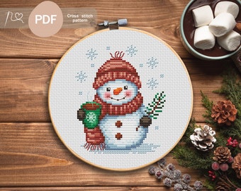 Sneeuwpop met cacao Cross Stitch patroon PDF, Instant Digitale Download, Kerst Cross Stitch Patroon, Winter Geteld Cross Stitch