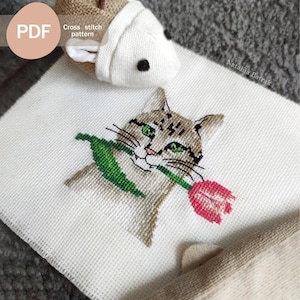 Kruissteekpatroon kat met tulp: eenvoudig ontwerp voor beginners (pdf-download)