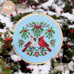 Kardinalpaar Kreuzstichmuster PDF Sofortiger Download, Weihnachtsvögel mit Mistelzweig Kreuzstichmuster, Weihnachtskreuzstich