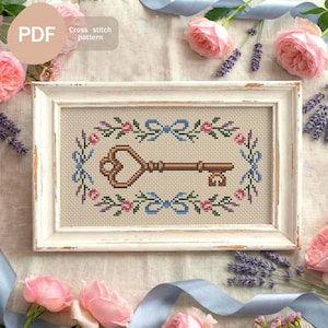 Antique Key with Floral Wreath Cross Stitch Pattern, Romantic Embroidery Chart (PDF Instant Download)