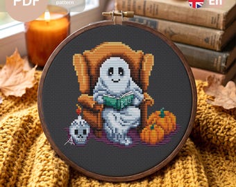 Ghost Reading Book PDF Cross Stitch Pattern, Cozy Halloween Design (Instant Download)