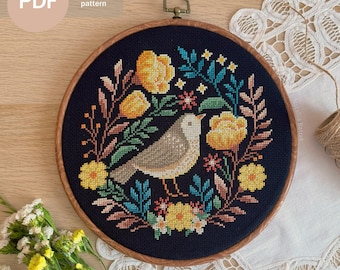 Bird in Flowers Cross Stitch Pattern: Folk Art Design (PDF Download)