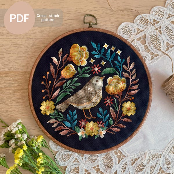Bird in Flowers Cross Stitch Pattern: Folk Art Design (PDF Download)