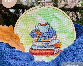 Books And Coffee Cross Stitch Pattern PDF, Instant Digital Download, Autumn Cross Stitch Pattern, Books Lover Cross Stitch Pattern
