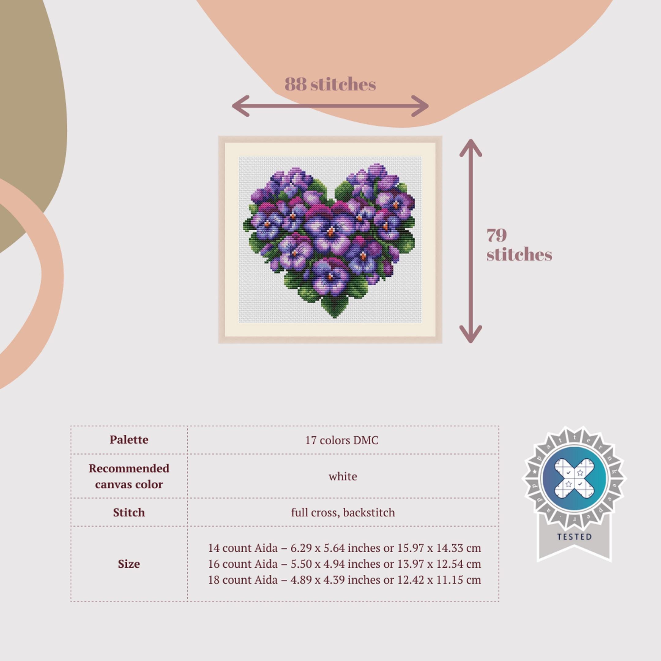 ［希少］刺繍本/Pensées et violettes 5-A-3626 Violet Heart Cross Stitch Pattern: Purple Pansy Floral Design (PDF