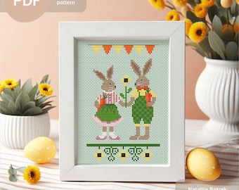 Easter Primitive Cross Stitch Pattern, PDF Instant Download, Modern cross stitch chart, Bunny Counted Cross Stitch, Spring Sampler XStitch