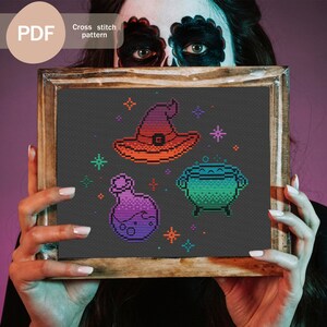 Witch elements Cross Stitch Pattern PDF, Instant Digital Download, Halloween cross stitch pattern, Witch hat, cauldron, potion Cross stitch