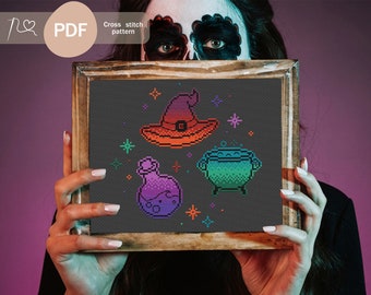 Witch Elements Cross Stitch Pattern: Halloween Cauldron & Hat (PDF Download)