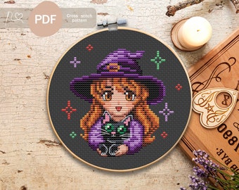 Little Witch With Black Cat Cross Stitch Pattern PDF, Instant Digital Download, Halloween Cross Stitch Pattern, Halloween decor