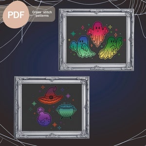 Colorful Halloween Set of Cross Stitch Patterns PDF, Instant Digital Download, Halloween Cross Stitch Pattern, Halloween decor
