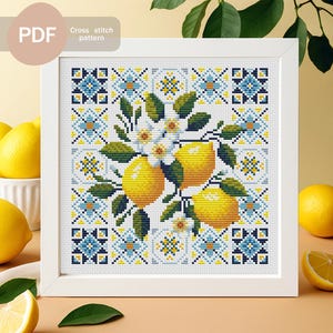 Lemon with Mediterranean Tile Cross Stitch Pattern PDF Instant Download – Citrus Fruit Design for Summer Kitchen, Beginner Friendly Chart