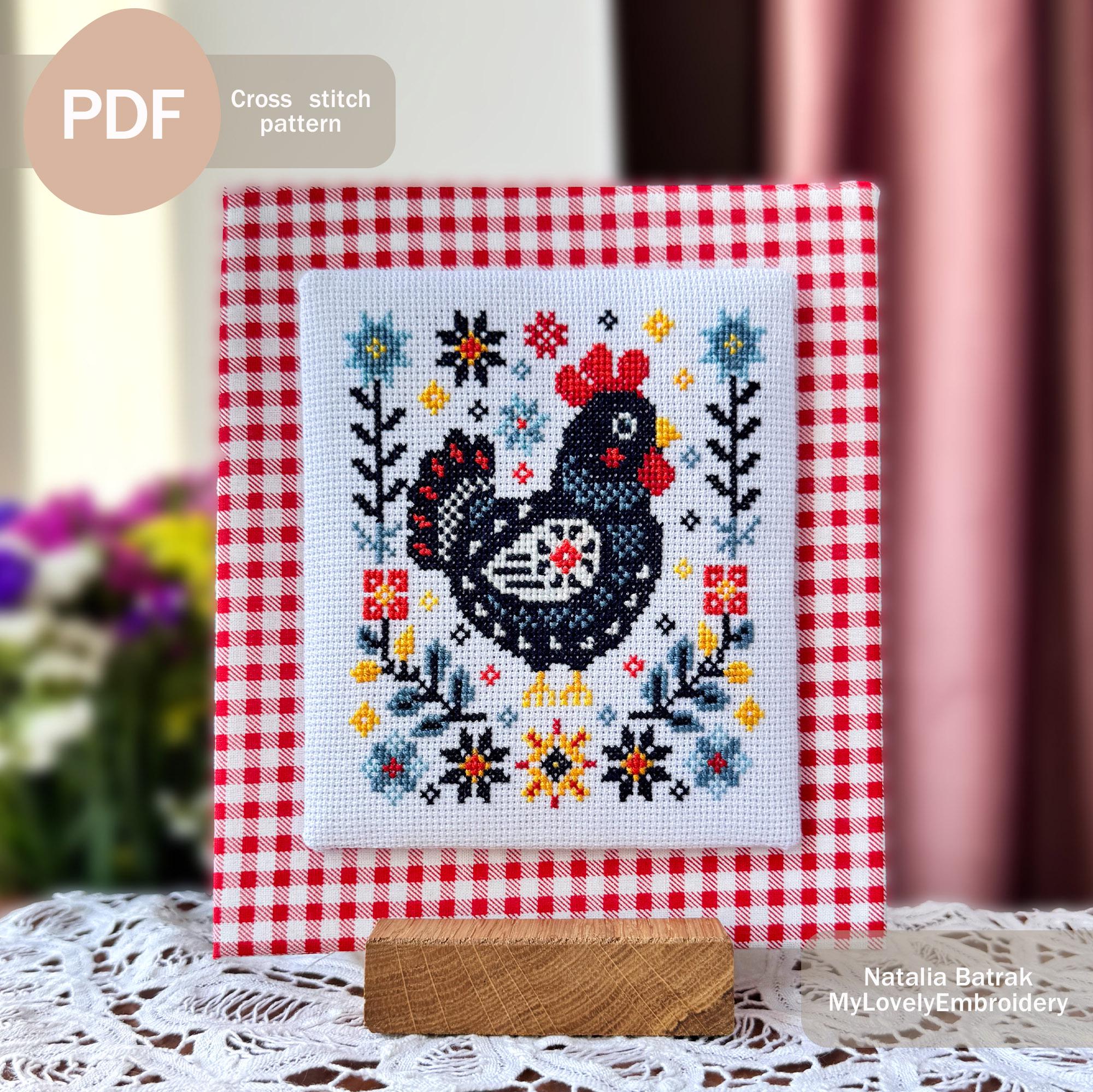 Folk art hen Cross stitch pattern PDF Instant download, Chicken cross stitch pattern Scandinavian cross stitch Primitive cross stitch