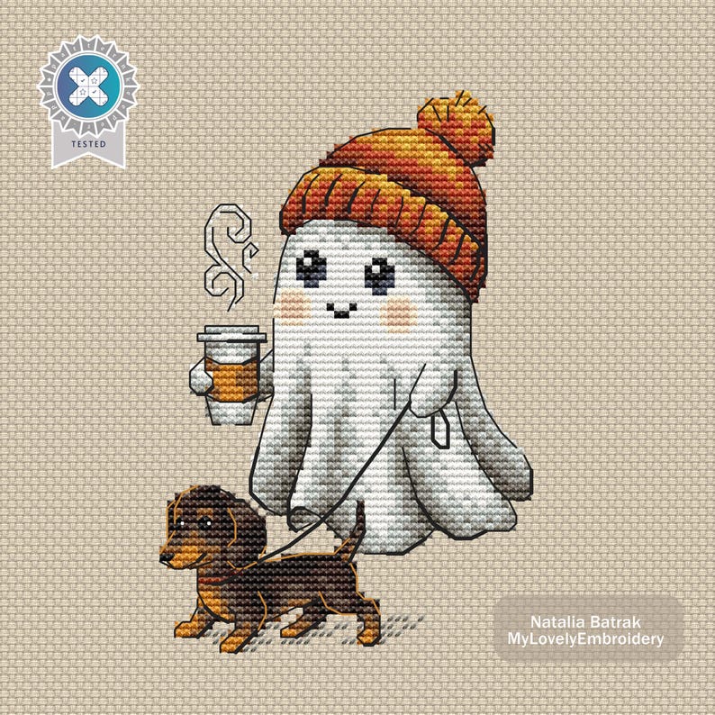 Autumn Ghost & Dachshund Cross Stitch Pattern - Kawaii Halloween ...