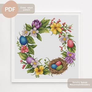 Easter Wreath Cross Stitch Pattern PDF, Instant Digital Download, Easter Cross Stitch, Spring Wreath Cross Stitch Pattern, Easter Decor