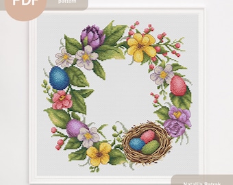 Easter Wreath Cross Stitch Pattern: Spring Floral Design (PDF Download)
