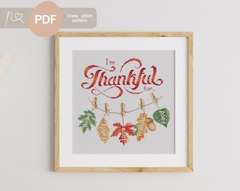 Thankful Cross Stitch Pattern PDF, Instant Digital Download, Fall Garland Cross Stitch Pattern, Thanksgiving Embroidery Pattern