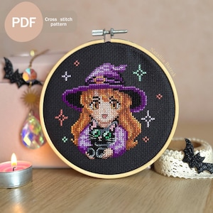 Little Witch With Black Cat Cross Stitch Pattern PDF, Instant Digital Download, Halloween Cross Stitch Pattern, Halloween decor