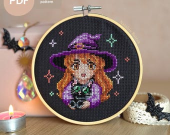 May include: Cross stitch pattern of a witch with a black cat. The witch is wearing a purple hat and a purple dress. The cat is black with green eyes. The background is black with stars.