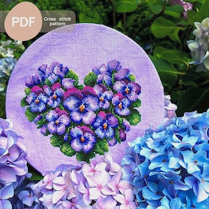 Violet Heart Cross Stitch Pattern: Purple Pansy Floral Design (PDF Download)