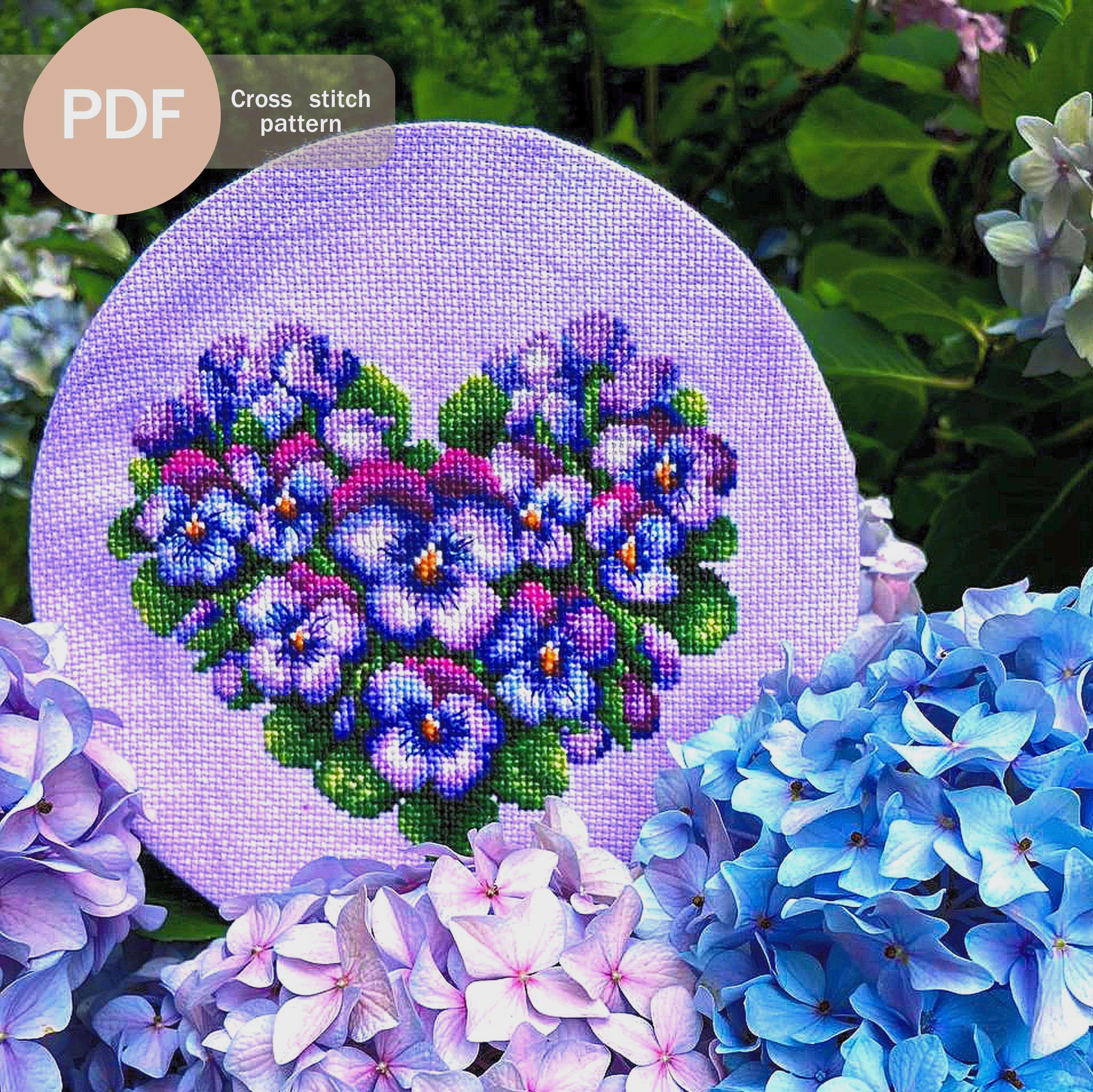 Violet Heart Cross Stitch Pattern: Purple Pansy Floral Design (PDF