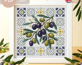 Olives with Mediterranean Tile PDF Cross Stitch Pattern, Kitchen Summer Design (Instant Download)
