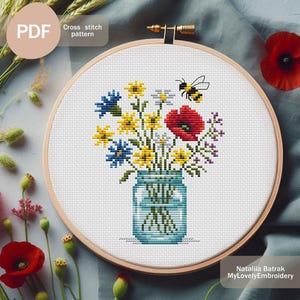 Wildflower Jar Stitch Pattern PDF Instant Download,  Floral Сross Stitch Design