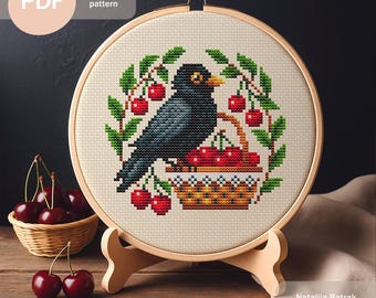 Blackbird and Cherries Cross Stitch Pattern PDF Instant Download - Primitive Folk Art Bird Design, Cherry Basket Cross Stitch Pattern